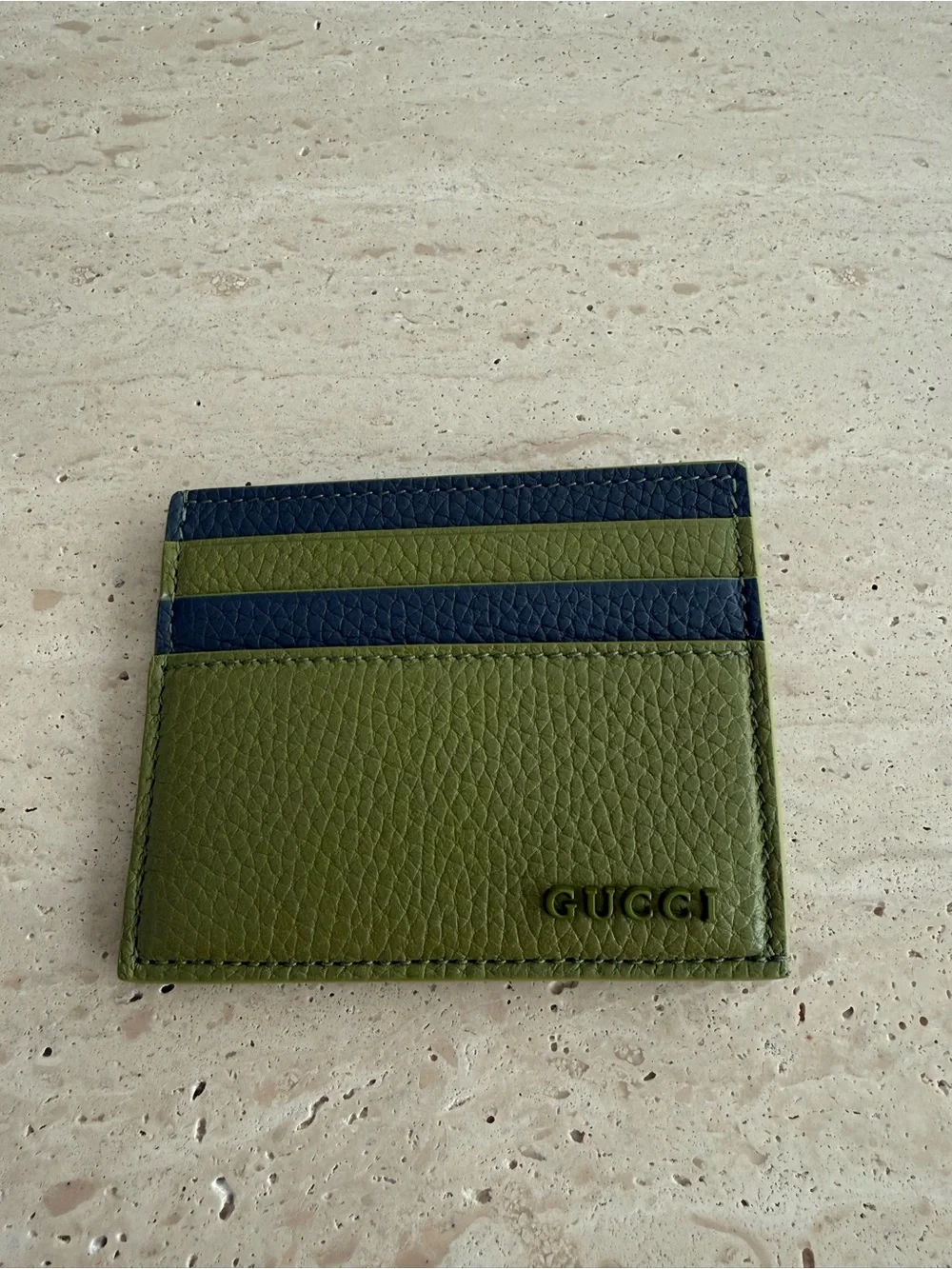 NWT Gucci Green-Grey Leather Card Case with Gucci Logo